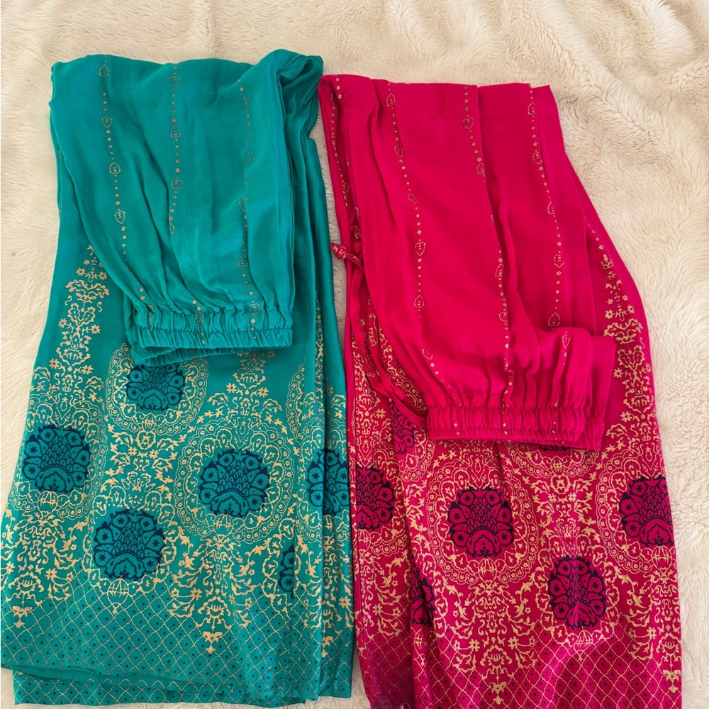Vibrant Teal and Pink Boho Embroidered Pants